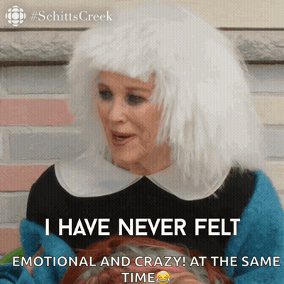 A Woman In A White Wig Says I Have Never Felt Emotional And Crazy GIF