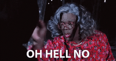 A Woman In A Wig And Glasses Is Saying `` Oh Hell No '' While Holding A Bag . GIF