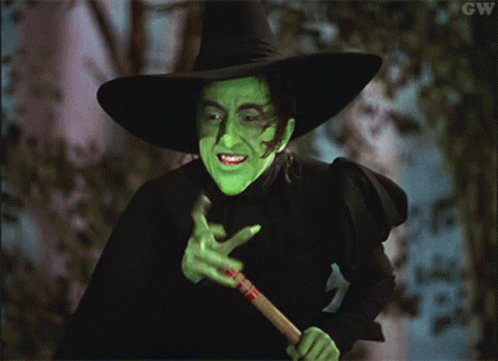 A Woman In A Witch Costume Is Holding A Broom With Gw Written In The Corner GIF