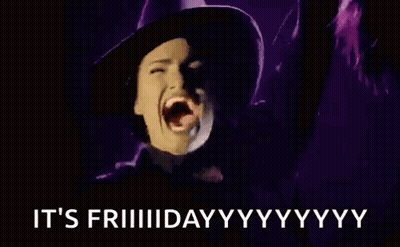 A Woman In A Witch Costume Is Screaming With Her Mouth Open And The Words `` It 'S Friday '' Behind Her . GIF