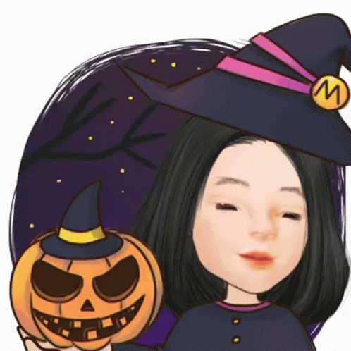 A Woman In A Witch Hat Holds A Pumpkin GIF