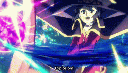 A Woman In A Witch 'S Hat Is Holding A Sword And Says Explosion . GIF