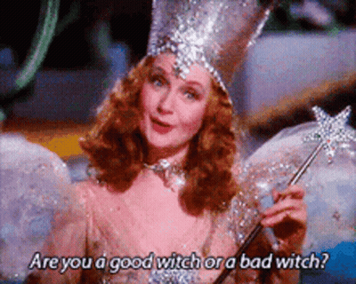 A Woman In A Wizard Of Oz Costume Is Holding A Magic Wand And Asking If She Is A Good Witch GIF