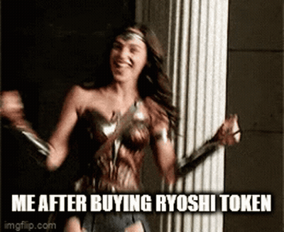 A Woman In A Wonder Woman Costume Is Dancing With The Words Me After Buying Ryoshi Token Below Her GIF