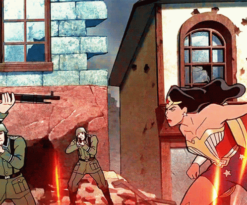 A Woman In A Wonder Woman Costume Stands In Front Of Two Soldiers With Guns GIF