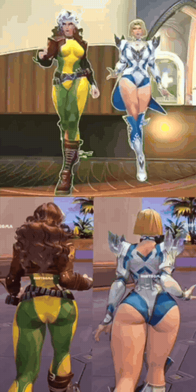 A Woman In A Yellow And Green Outfit Is Standing Next To A Woman In A Blue And White Outfit . GIF