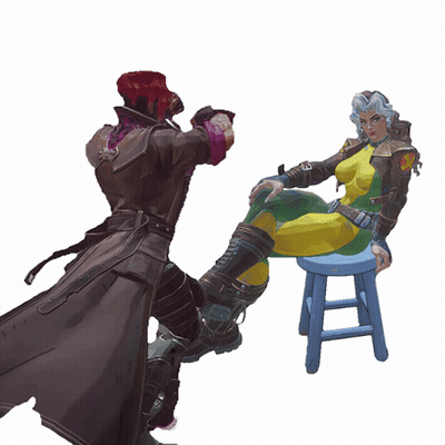 A Woman In A Yellow And Green Outfit Sits On A Blue Stool Next To A Man GIF