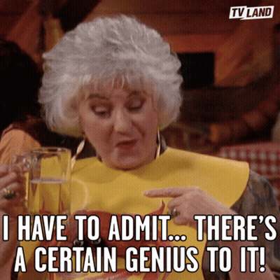 A Woman In A Yellow Bib Says " I Have To Admit There 'S A Certain Genius To It! " GIF