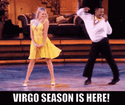 A Woman In A Yellow Dress And A Man In A White Shirt Are Dancing On A Stage With The Words Virgo Season Is Here GIF