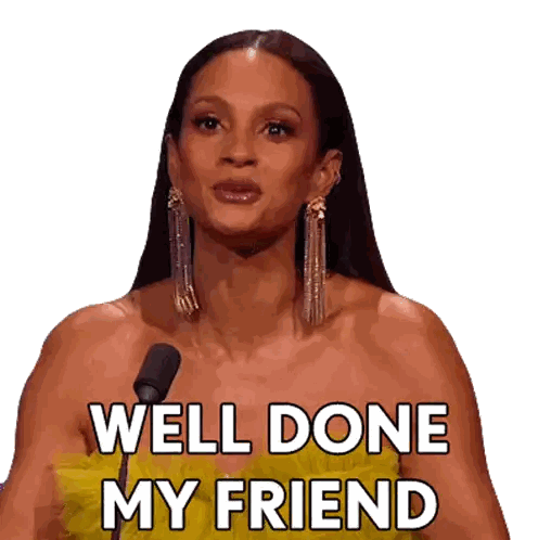 A Woman In A Yellow Dress Is Giving A Speech And Says Well Done My Friend Sticker