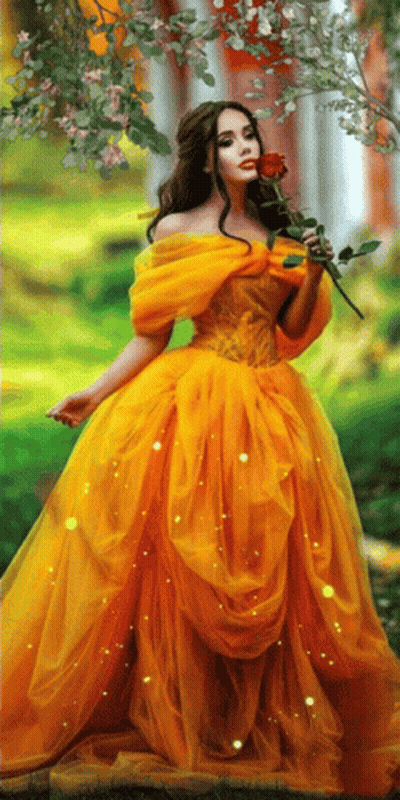 A Woman In A Yellow Dress Is Holding A Red Rose In Her Hand GIF