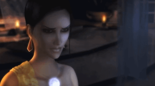 A Woman In A Yellow Dress Is Looking At Something In The Dark GIF