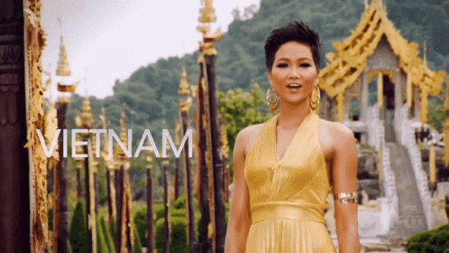 A Woman In A Yellow Dress Is Standing In Front Of A Row Of Gold Buildings And The Word Vietnam Is On The Bottom GIF
