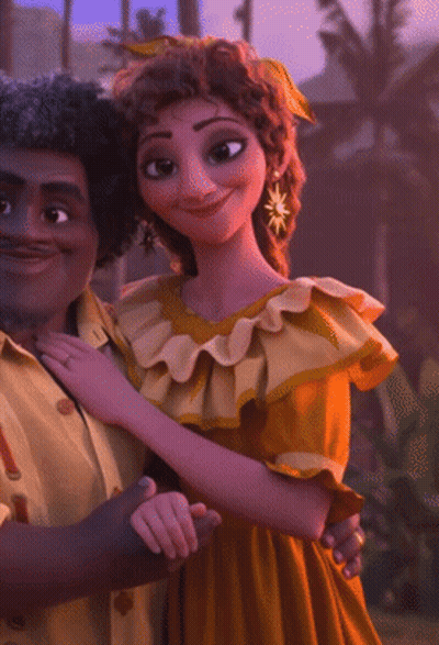 A Woman In A Yellow Dress Is Standing Next To A Man In A Yellow Shirt GIF