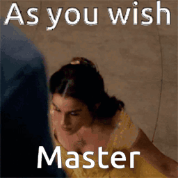 A Woman In A Yellow Dress With The Words " As You Wish Master " On The Bottom GIF