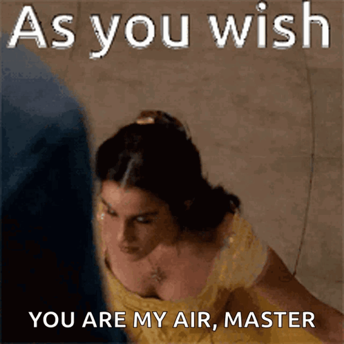 A Woman In A Yellow Dress With The Words As You Wish You Are My Air Master Below Her GIF