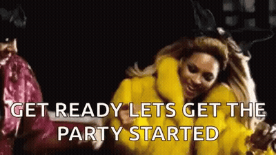 A Woman In A Yellow Fur Coat Is Dancing And Says `` Get Ready Lets Get The Party Started '' GIF