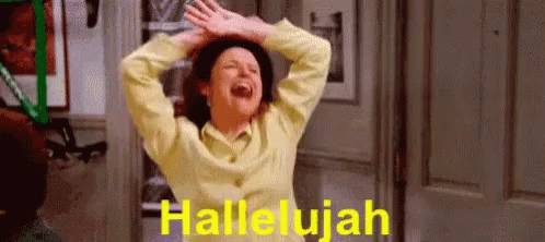A Woman In A Yellow Shirt Is Laughing With Her Hands In The Air And The Words Hallelujah Written On The Bottom . GIF