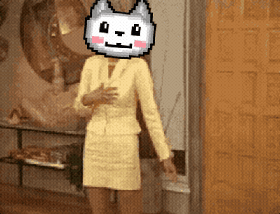 A Woman In A Yellow Suit Has A Pixelated Cat Head On Her Head GIF