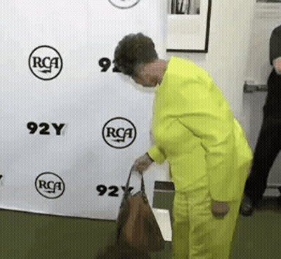 A Woman In A Yellow Suit Is Holding A Brown Purse In Front Of A Rca Sign . GIF