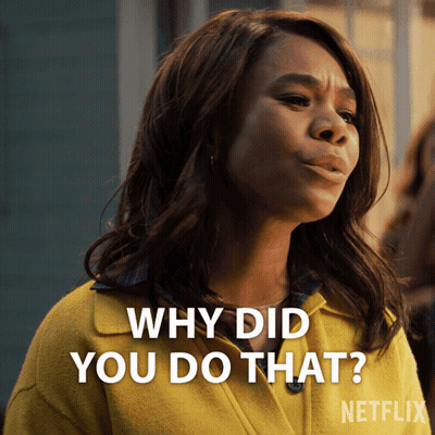 A Woman In A Yellow Sweater Is Asking Why Did You Do That GIF
