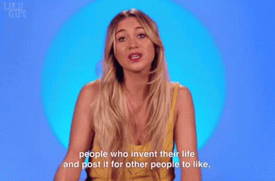 A Woman In A Yellow Tank Top Is Talking About People Who Invent Their Life And Post It For Other People To Like GIF