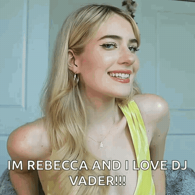 A Woman In A Yellow Top Is Smiling And Says Im Rebecca And I Love Dj Vader GIF