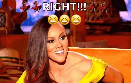 A Woman In A Yellow Top Is Smiling With The Words Right Written Above Her GIF