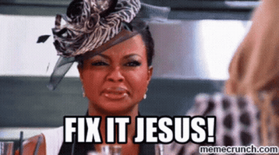 A Woman In A Zebra Print Hat Is Making A Funny Face And Saying `` Fix It Jesus '' . GIF