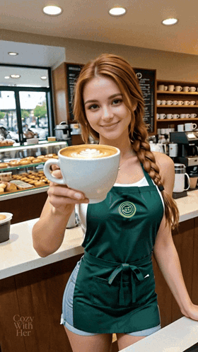 A Woman In An Apron Holds A Cup Of Coffee GIF