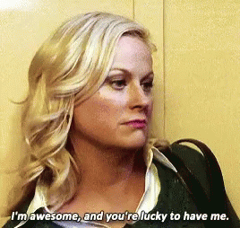 A Woman In An Elevator Is Saying I 'M Awesome , And You 'Re Lucky To Have Me . GIF