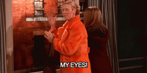 A Woman In An Orange Coat Is Standing Next To A Woman In A Red Coat And Says `` My Eyes ! '' GIF