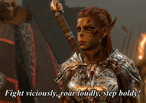 A Woman In Armor Holds A Sword And Says " Fight Viciously Roar Loudly Step Boldy " GIF