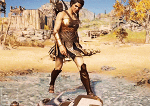 A Woman In Armor Is Standing Next To A Man In A Video Game GIF