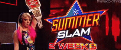 A Woman In Headphones Is Holding A Wrestling Championship Belt In Front Of A Sign That Says Summer Slam 2 Weeks . GIF
