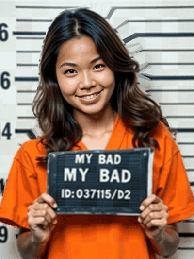 A Woman In Orange Holding A Sign That Says My Bad GIF