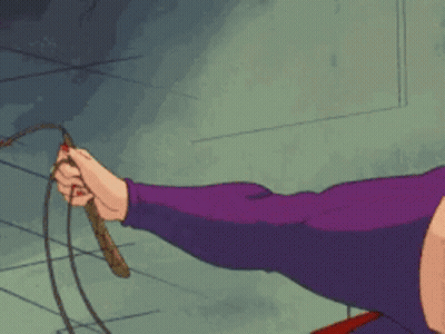 A Woman In Purple Gloves Is Holding A Whip In Her Hand GIF