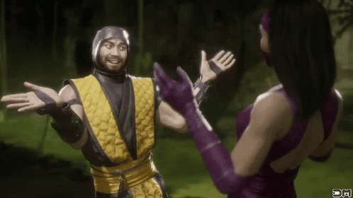 A Woman In Purple Gloves Is Hugging A Man In A Yellow Suit GIF
