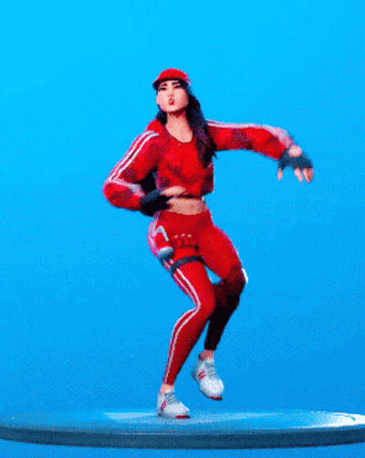 A Woman In Red Clothes Is Dancing On A Blue Background GIF