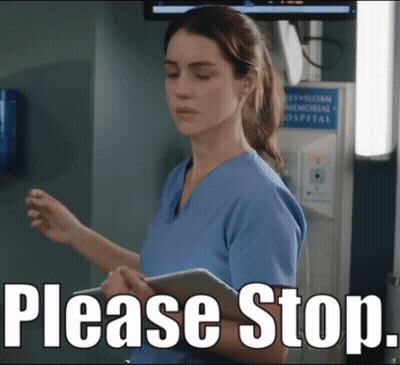 A Woman In Scrubs Holds A Tablet And Says Please Stop GIF