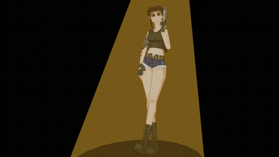 A Woman In Shorts Is Holding A Gun In A Spotlight GIF