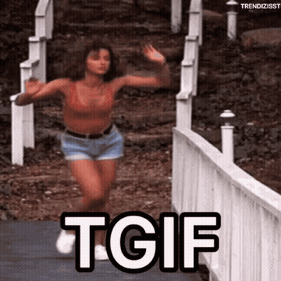 A Woman In Shorts Is Jumping Over A Bridge With The Words Tgif Below Her GIF