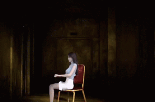 A Woman In White Stands In Front Of An Old Abandoned House GIF