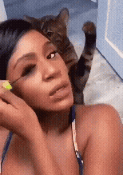 A Woman Is Applying Mascara While A Cat Is Sitting On Her Head . GIF