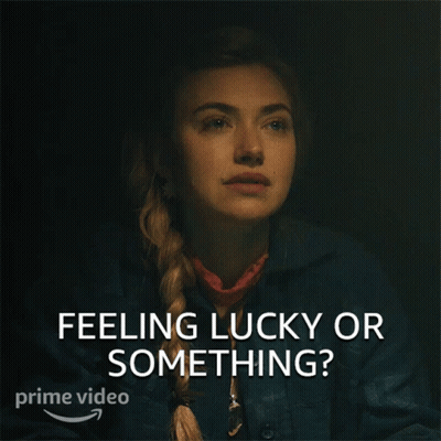 A Woman Is Asking If She Is Feeling Lucky Or Something In A Prime Video Ad GIF