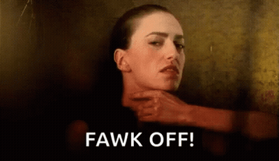 A Woman Is Being Choked By A Hand And The Words `` Fawk Off '' Are Written On The Bottom . GIF
