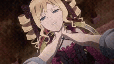 A Woman Is Being Choked By A Man In A Purple Dress . GIF