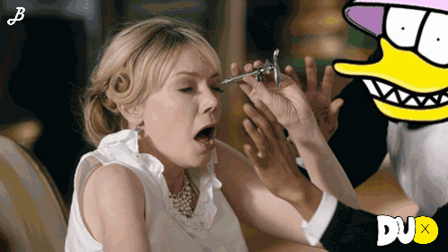 Woman Injected By Man With Cartoon Duck Behind GIF