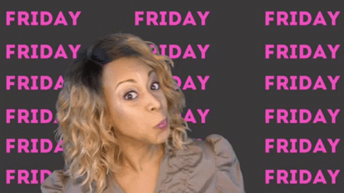 A Woman Is Blowing A Kiss In Front Of A Grid Of Friday Words GIF