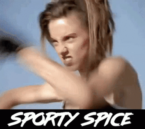 A Woman Is Boxing With The Words Sporty Spice Written On The Bottom GIF